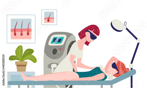 Laser hair removal concept. The cosmetologist doctor in his salon makes a woman laser hair removal armpits. Vector illustration in flat style