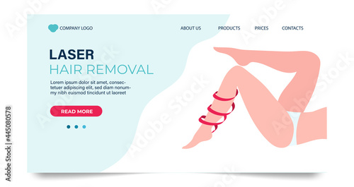 Laser hair removal landing page template. Web banner with female legs entwined with red ribbon. Vector illustration in flat style
