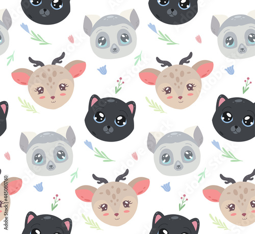 Cute childish pattern with portrait of animal and flowers on white background. Vector texture with lemur, cat and deer with floral decoration. Cartoon fabric. Animalistic wallpaper for the nursery.