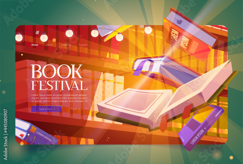 Books festival cartoon landing page, glowing bestsellers flying over bookshelf. Fest event in bookstore or library. Closed and open volumes with colorful paperback floating in air vector web banner