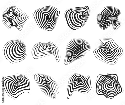 Collection of minimalist style vector illustrations of distorted spiral elements isolated on white background