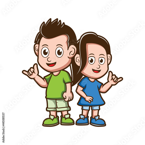 Cartoon little kids showing shaka hand sign