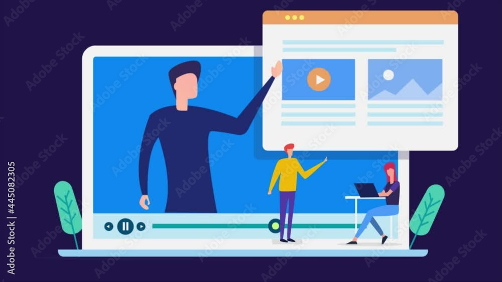 Online webinar, e-learning concept. Online course, digital tutor, online classroom, student at online education class, remote training program, woman study concept. 2d animation 4k video clip.