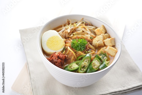Malay mee rebus noodle with boiled egg, tofu, green chilli, sambal chilli sauce and hot thick curry gravy soup bowl in white background asian halal menu