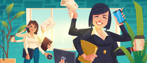 Multitasking business woman work in office. Modern girl with six arms does many tasks simultaneously. Active top manager, secretary female character career, job efficiency, Cartoon vector illustration