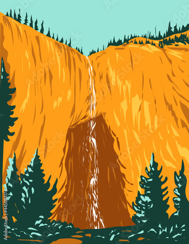 WPA poster art of Fairy Falls, one of Yellowstone's tallest waterfalls within Yellowstone National Park Teton County Wyoming USA done in works project administration style federal art project style. photo