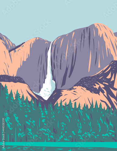 WPA poster art of Yosemite Falls, the highest waterfall in Yosemite National Park located in the Sierra Nevada, California USA done in works project administration style or federal art project style.