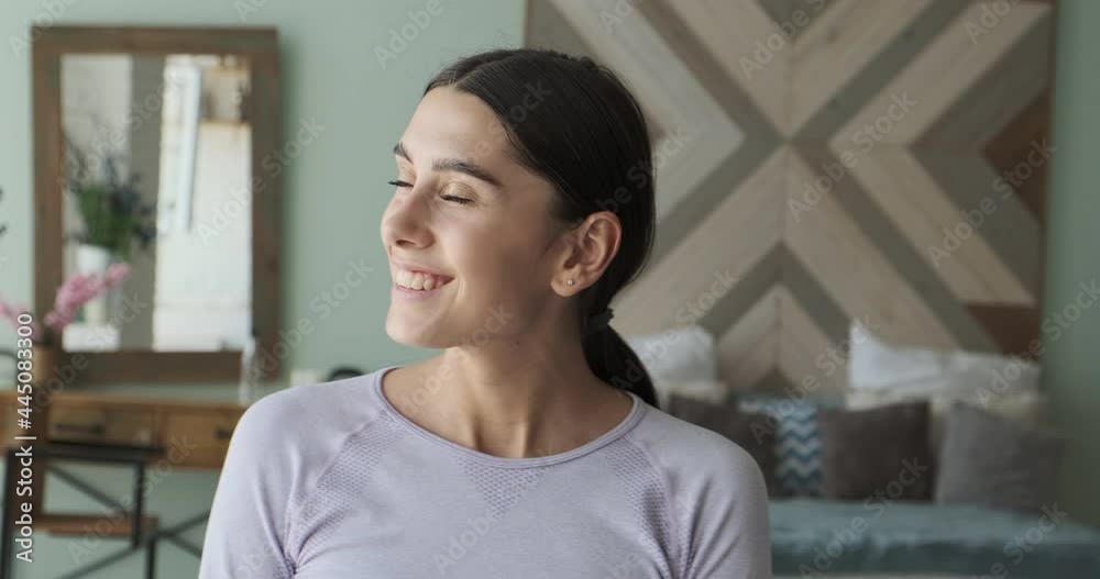 A serene, beautiful woman with clear skin and a beautiful smile smiling, feeling calm and confident, looking at the camera, portrait A serene, beautiful woman with clear skin and a beautiful smile smiling, feeling calm and confident, looking at the camera, portrait