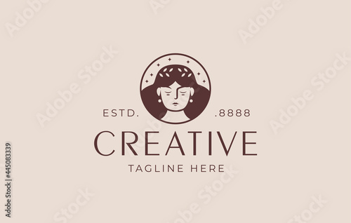Aphrodite cute Logo Design Template. Vector Illustration of aphrodite greek women goddess of beauty with circle line. Company and Business flat icon design template