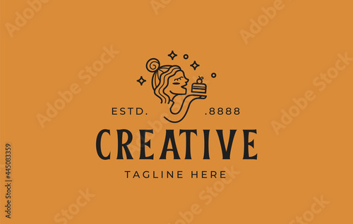 Woman Bakery Logo Design Template. Vector Illustration of woman with a homemade cake. line icon design template