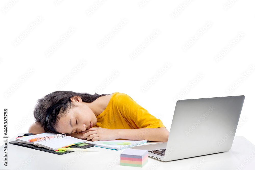 Asian little girl with laptop falls asleep on online school class Asian little girl with laptop falls asleep on online school class