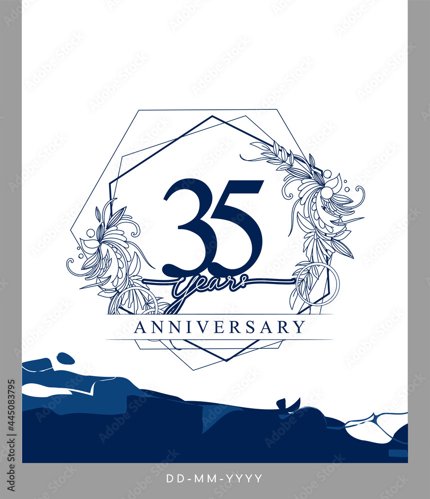 35th Anniversary logotype with hand drawn background blue color for celebration event, wedding, greeting card, and invitation.