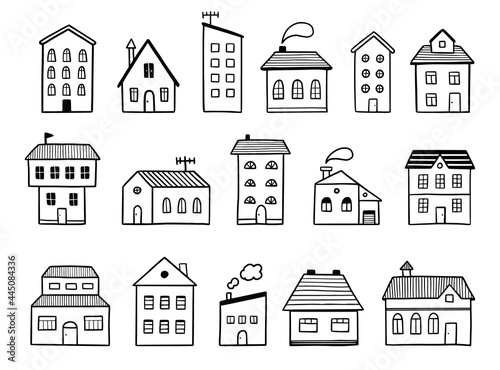 House doodle set. Hand drawn sketch style. House building with roof. Vector illustration for home icon, village, city element.