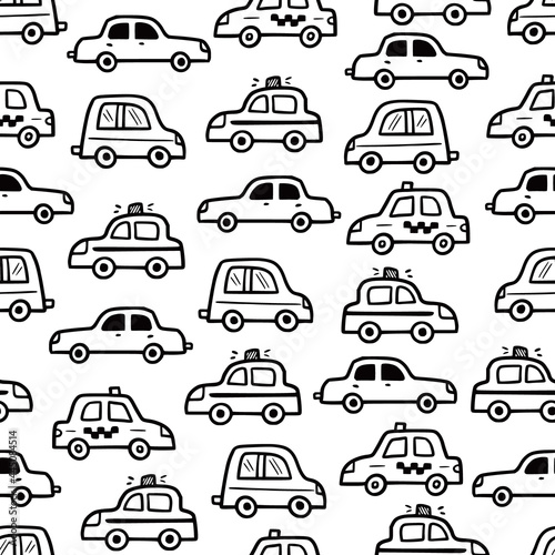 Car pattern. Doodle sketch style seamless background. Hand drawn toy car vector illustration for baby texture, print.