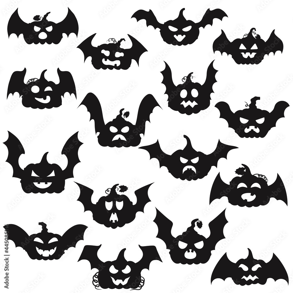 Cartoon halloween pumpkin with bat wings silhouette and carving scary smiling cute glowing faces. Decoration gourd vegetable or holiday spooky happy face, october nature vector isolated icon set Cartoon halloween pumpkin with bat wings silhouette and carving scary smiling cute glowing faces. Decoration gourd vegetable or holiday spooky happy face, october nature vector isolated icon set