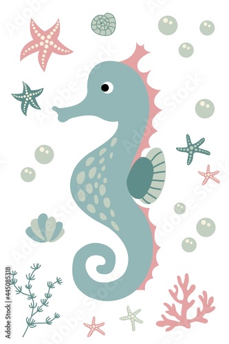 Postcard with cute hand drawn seahorse. White background, isolate. Vector illustration.