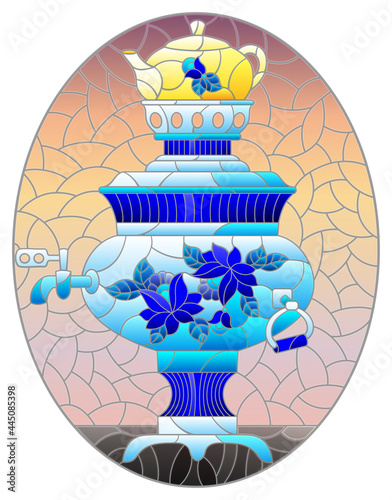 Illustration in the style of stained glass with a bright painted russian samovar on the table on a red background, oval image