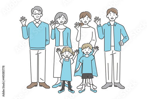 笑顔で手を振る三世代家族のベクターイラスト素材／シンプル／シニア／夫婦