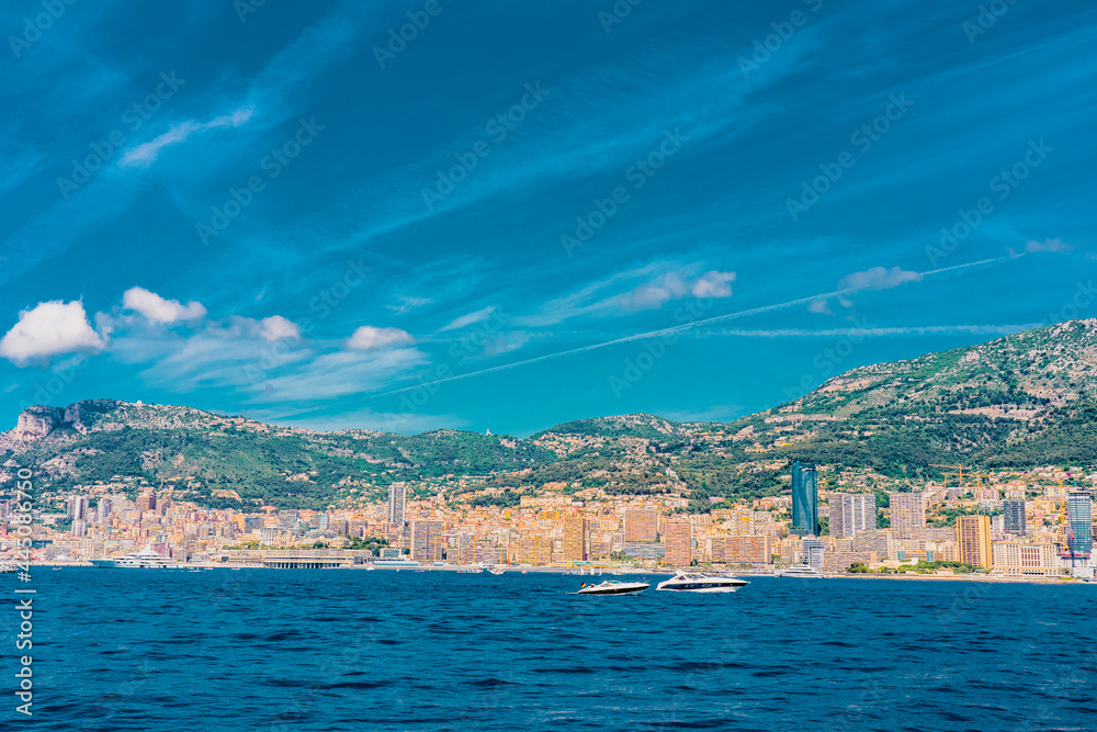 Monte - Carlo city and port, panoramic view from the sea. landmark of Monaco, port Hercules, port Fontvieille. Monaco is a country on the French Riviera near France and Italy in Europe