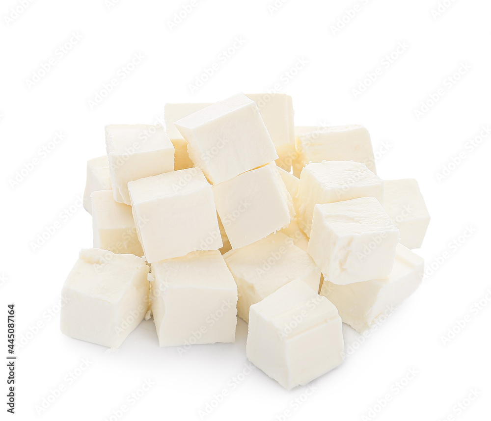 Pieces of delicious feta cheese on white background Pieces of delicious feta cheese on white background