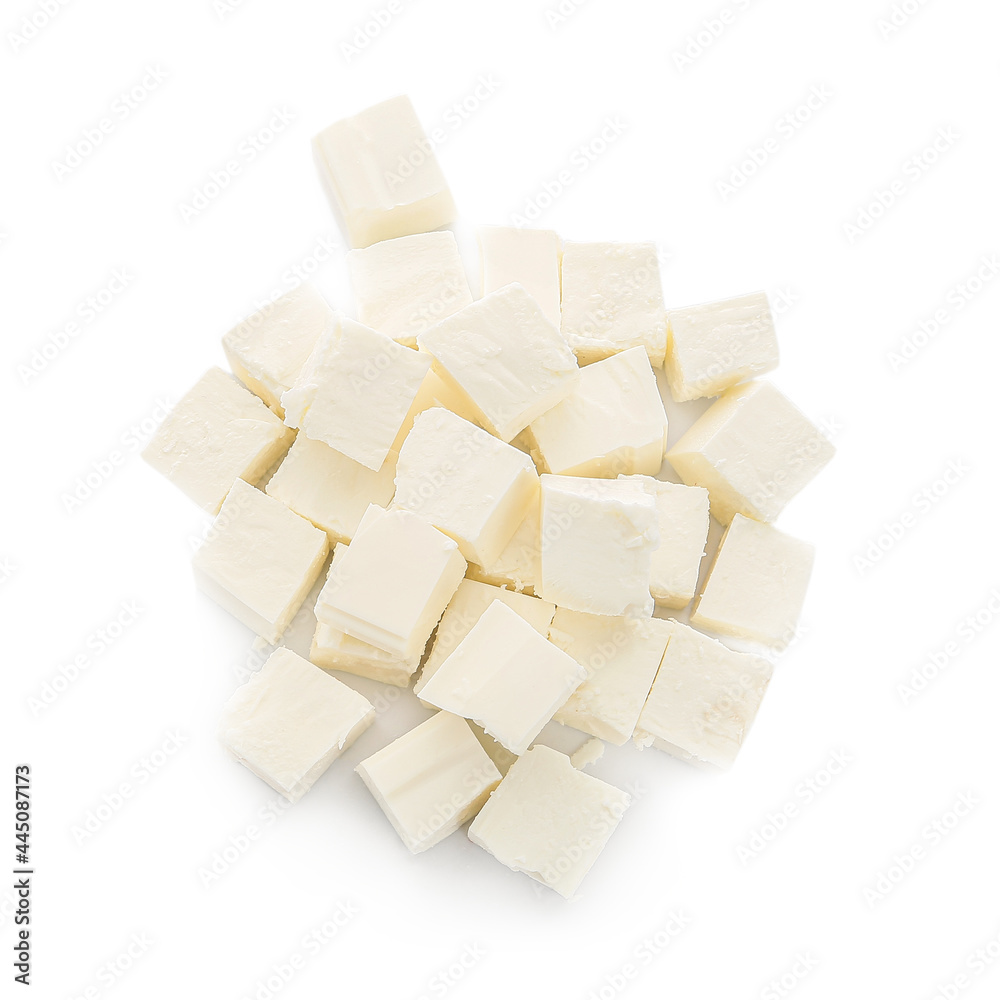 Pieces of delicious feta cheese on white background Pieces of delicious feta cheese on white background