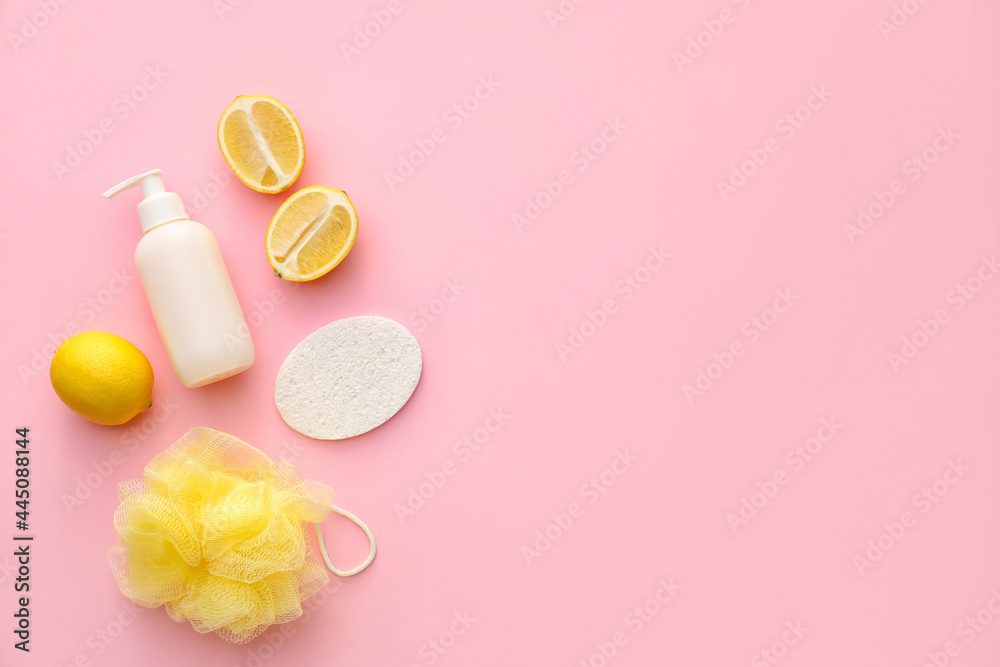 Composition with sponge, bath supplies and lemon on color background Composition with sponge, bath supplies and lemon on color background