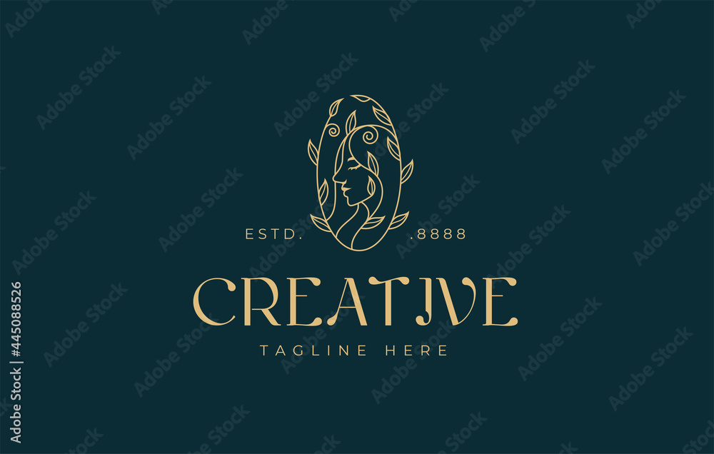 Woman with floral Logo Design Template. Vector Illustration of Beautiful image of a female face. Company, Cosmetics, SPA line icon design template