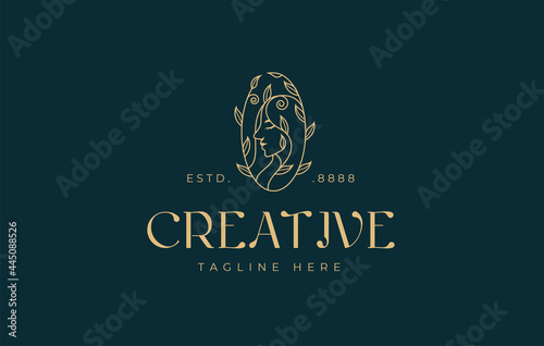 Woman with floral Logo Design Template. Vector Illustration of Beautiful image of a female face. Company, Cosmetics, SPA line icon design template