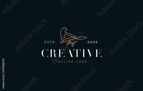 Artistic beautiful bird line Logo Design Template. Vector Illustration of Bird Sitting On A Branch. Company line icon design template