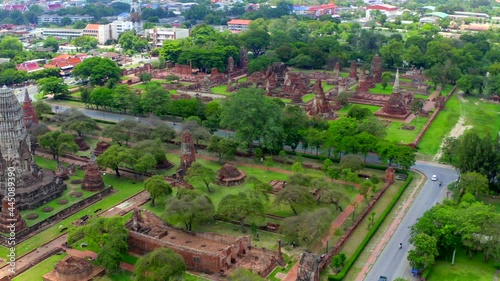 Aerial view of Ayutthaya temple, Wat Ratchaburana, empty during covid, in Phra Nakhon Si Ayutthaya, Historic City in Thailand photo