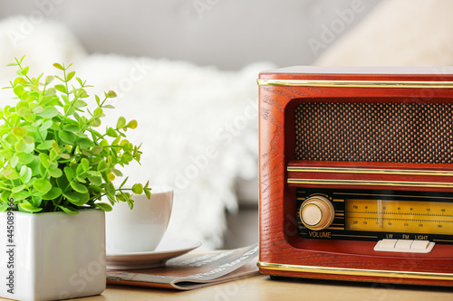 Retro radio receiver and houseplant on table in living room, closeup