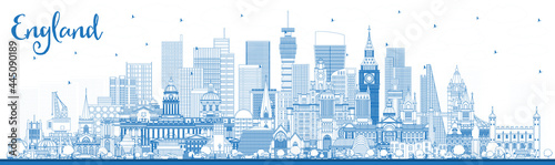 Outline England City Skyline with Blue Buildings.