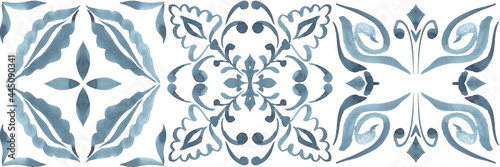 Set of watercolor illustrations - ceramic tile stylization with blue ornaments. Azulejos portugal, Turkish ornament, Moroccan tile mosaic, Talavera ornament.