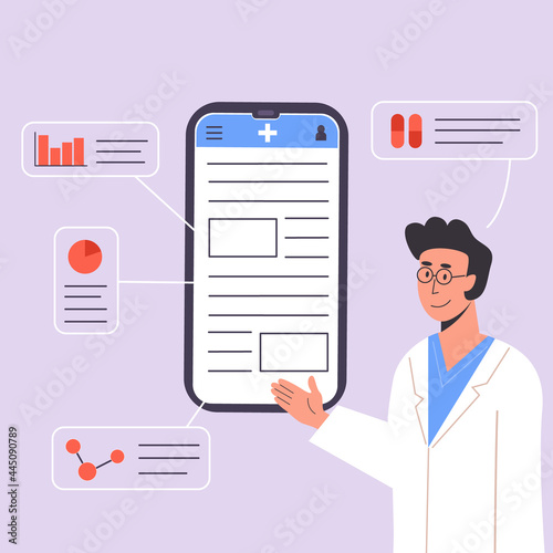 Smartphone screen with male doctor gives online diagnosis. An app with doctor consultation or advice. Medical scientist talks about pills and medication. Ask doctor. Vector illustration.
