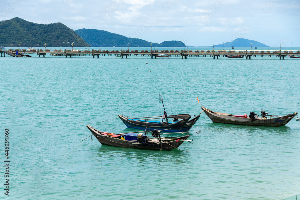 beautiful sea summer with boat at Chalong bay, Phuket province, Thailand. subject is blurred and noise.