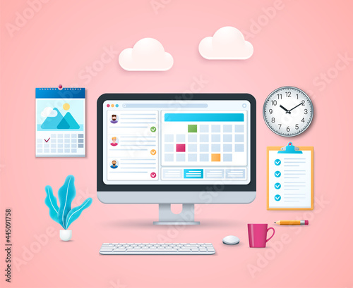 Time management concept. Computer with calendar and daily tasks on screen. Marked checklist, wall clock, calendar. Web vector illustrations in 3D style