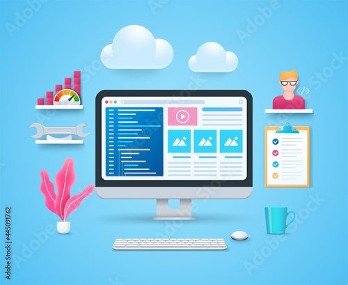 Web development concept. Computer with windows programming and site layout on screen. Web vector illustrations in 3D style