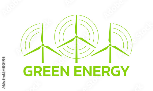 Green energy logo or icon with wind turbines. Renewable and clean energy symbol with modern windmills. Vector illustration.