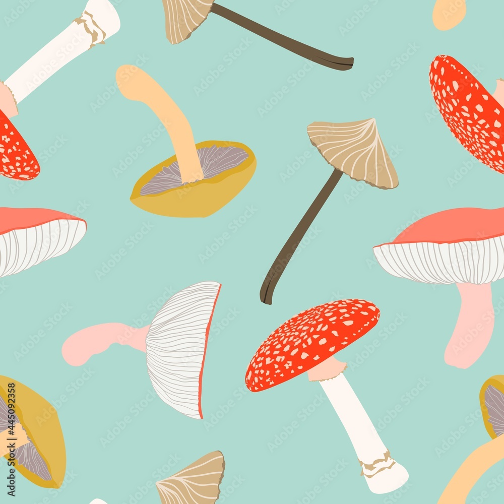 Mushrooms seamless pattern. Hand-drawn illustration. Design for natural products, paper, packaging, wallpaper, fabric, textile. White background. Mushrooms seamless pattern. Hand-drawn illustration. Design for natural products, paper, packaging, wallpaper, fabric, textile. White background.