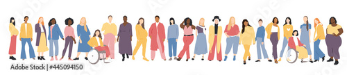 Women of different ethnicities stand side by side together. Flat vector illustration.