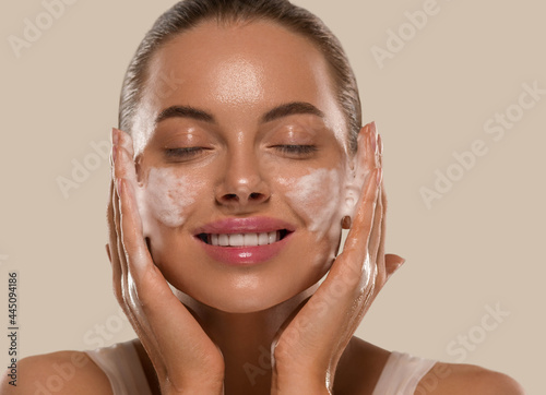 Woman clean soap healthy face natural skin fresh beauty female close up