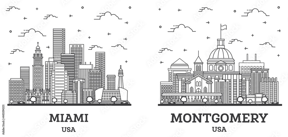 Outline Montgomery Alabama and Miami Florida City Skyline Set.