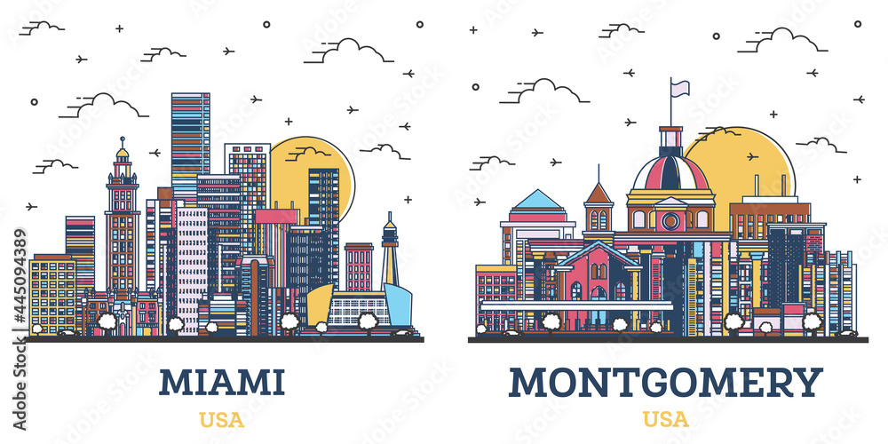 Obraz premium Outline Montgomery Alabama and Miami Florida City Skyline Set.