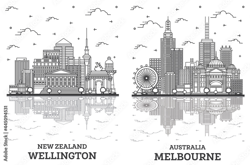 Outline Melbourne Australia and Wellington New Zealand City Skyline Set.
