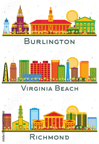 Virginia Beach, Richmond Virginia and Burlington Vermont USA City Skyline Set.
