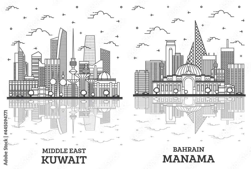 Outline Мanama Вahrain and Kuwait City Skyline Set.