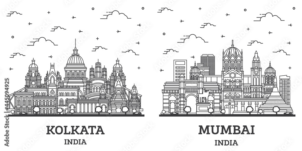 Obraz premium Outline Mumbai and Kolkata India City Skyline Set.