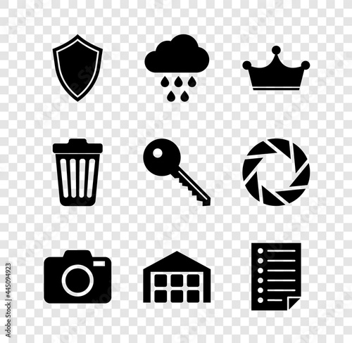 Set Shield, Cloud with rain, Crown, Photo camera, Warehouse and Document icon. Vector