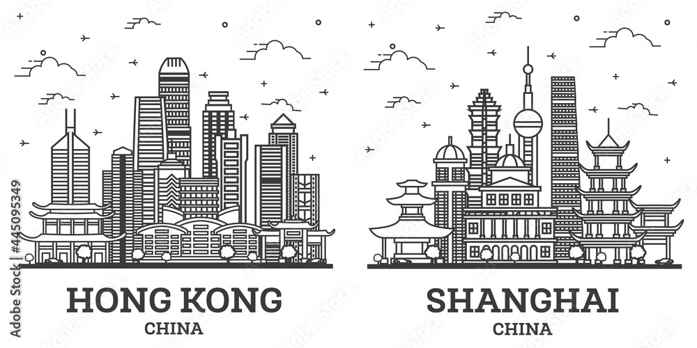 Outline Shanghai and Hong Kong China City Skyline Set.