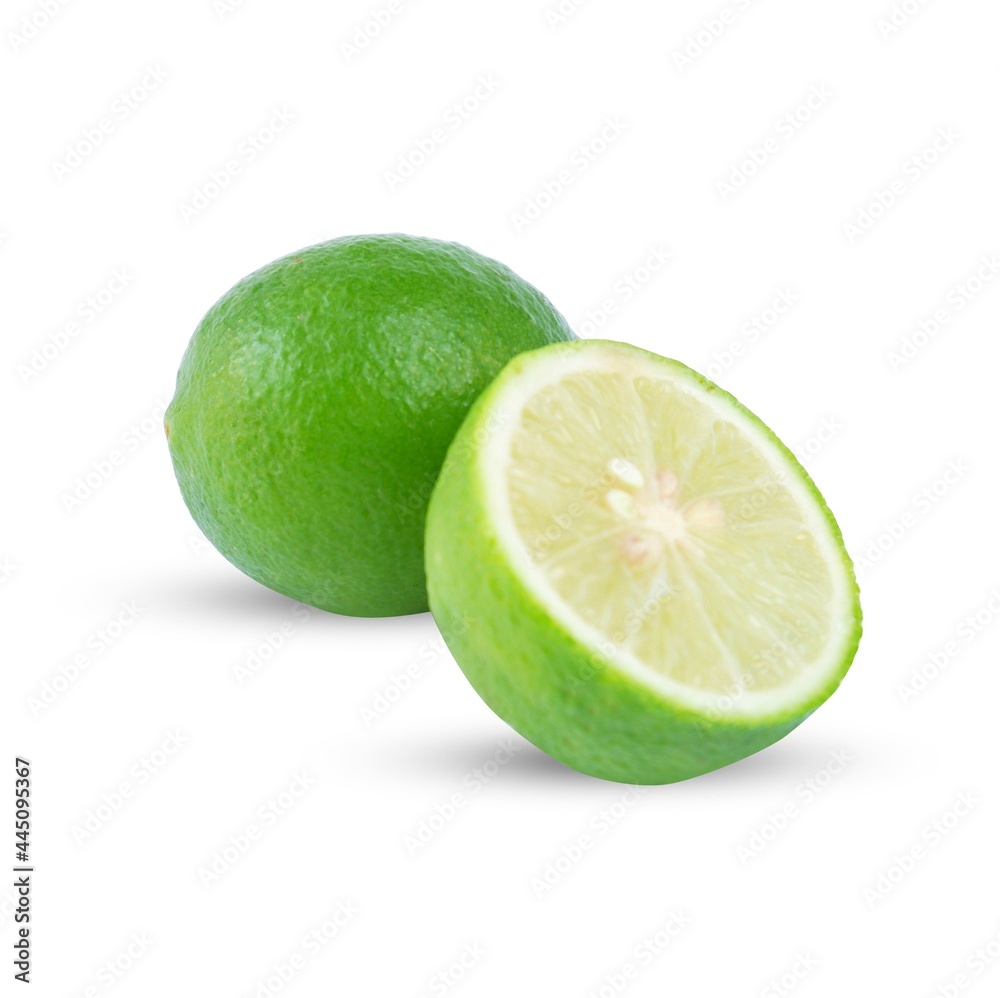 Lime(Citrus × aurantifolia) with slices or slices and leaves, isolated on a white background Lime(Citrus × aurantifolia) with slices or slices and leaves, isolated on a white background